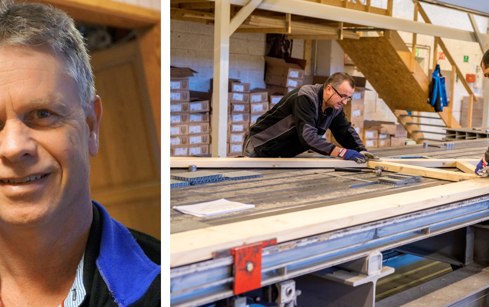 bildet viser to menn som jobber med takstolproduksjon og et portrett