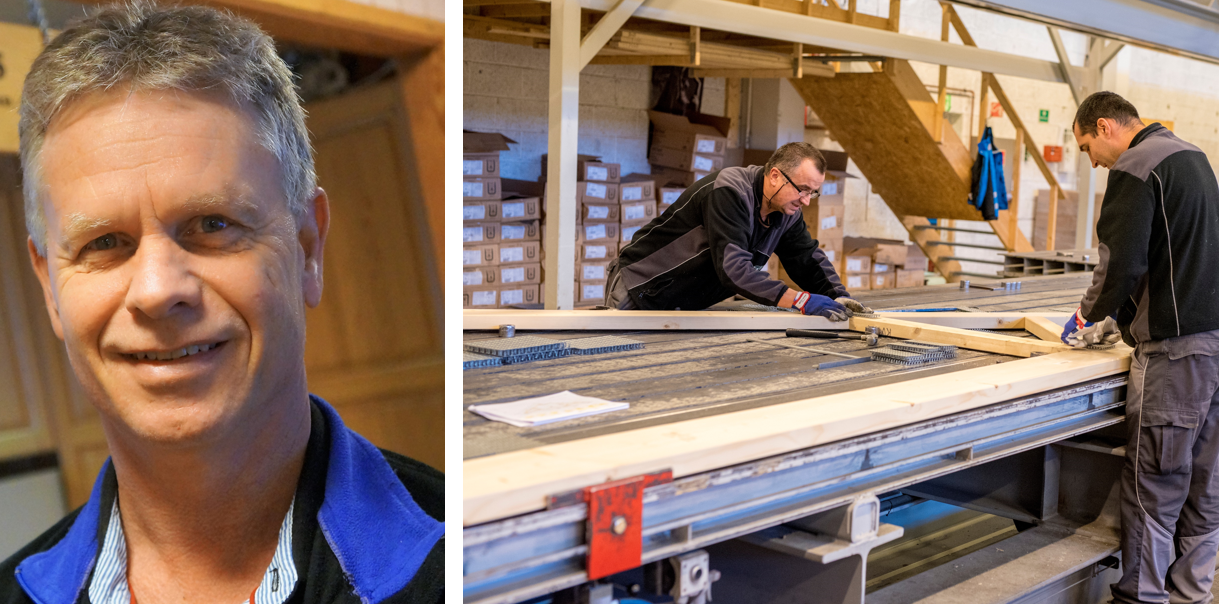 bildet viser to menn som jobber med takstolproduksjon og et portrett